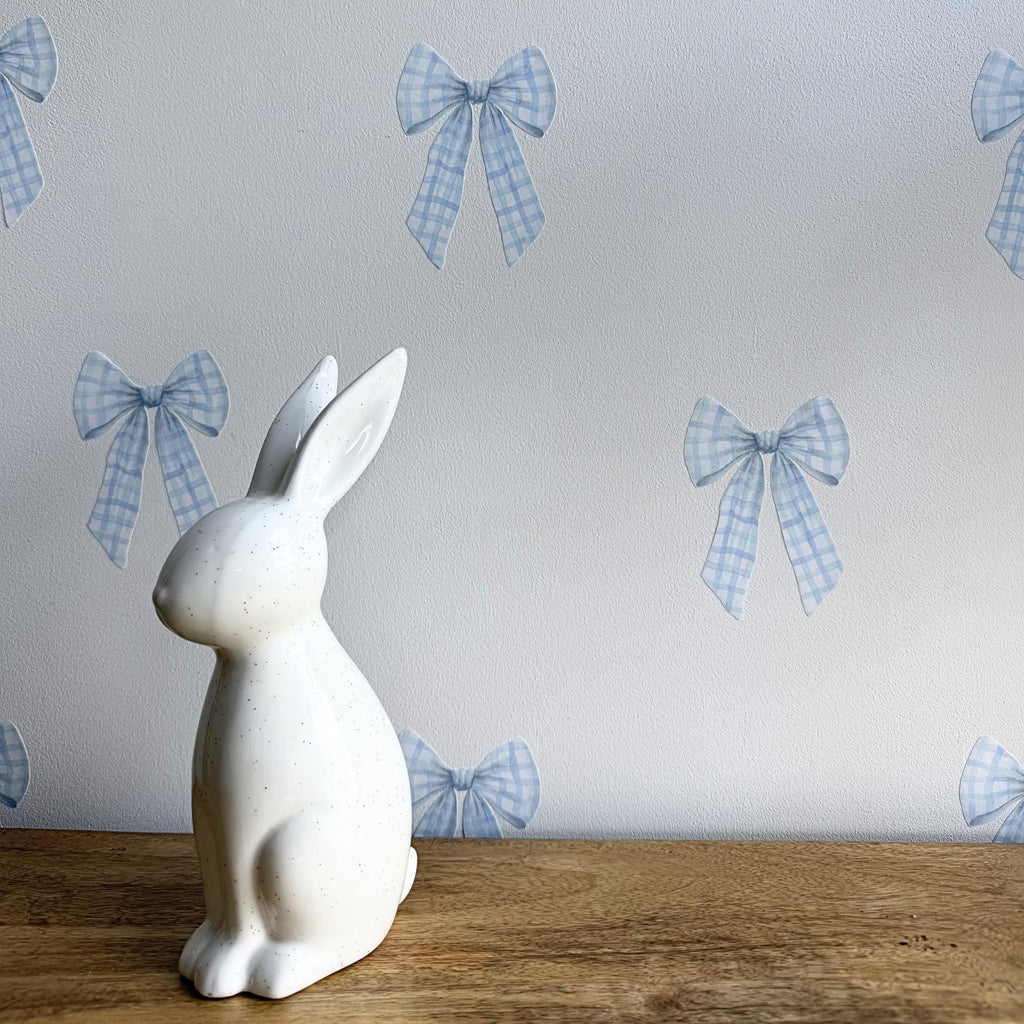 Blue Gingham Bow Fabric Wall Stickers